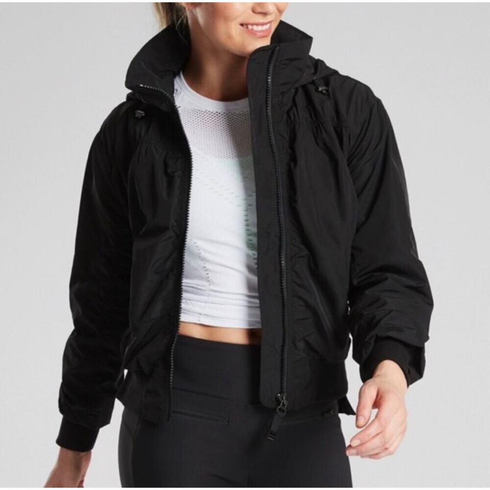 Athleta Point Reyes Bomber Jacket Black Stowable Hood Zip Up Medium 405434 M